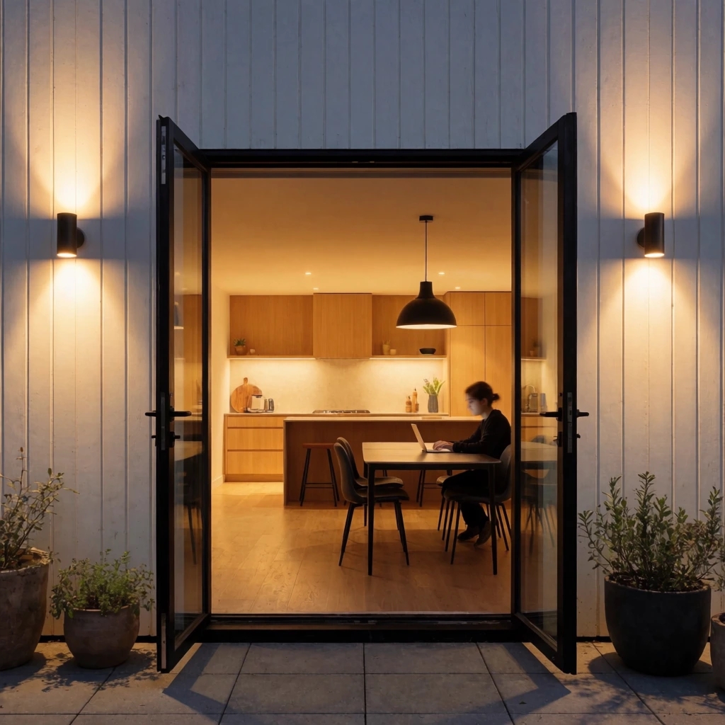 A symmetrical architectural photograph looking through open black-framed glass double doors into a warmly lit modern home. Inside, a person works on a laptop at a dining table surrounded by black chairs, adjacent to a kitchen featuring light wood cabinetry, an island with stools, and a large black pendant light. The exterior facade consists of white vertical siding illuminated by cylindrical wall sconces casting warm beams upward and downward. Potted plants rest on the grey paved patio, highlighting the striking contrast between the dim outdoor ambiance and the golden interior glow.