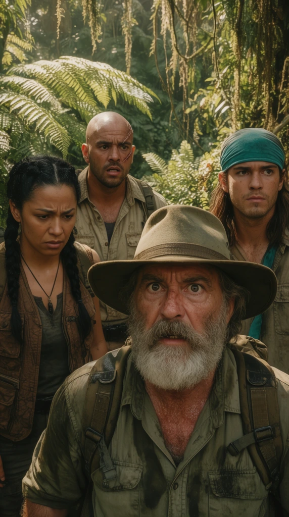 Four rugged explorers stand closely together in a dense jungle. An older man in the foreground with a thick grey beard and wide-brimmed hat wears a sweat-stained olive shirt and heavy backpack straps, eyes wide in intense concentration. Behind him, a woman with black braids and a brown utility vest looks downward with a furrowed brow. Over his right shoulder, a bald man with a facial scar peers anxiously forward in a faded khaki overshirt. On the far right, a young man with long hair and a teal bandana stands watch. Lush oversized ferns and hanging vines surround the group under bright filtered sunlight, casting high-contrast shadows on their faces. Cinematic 35mm medium close-up, shallow depth of field, warm color grading.