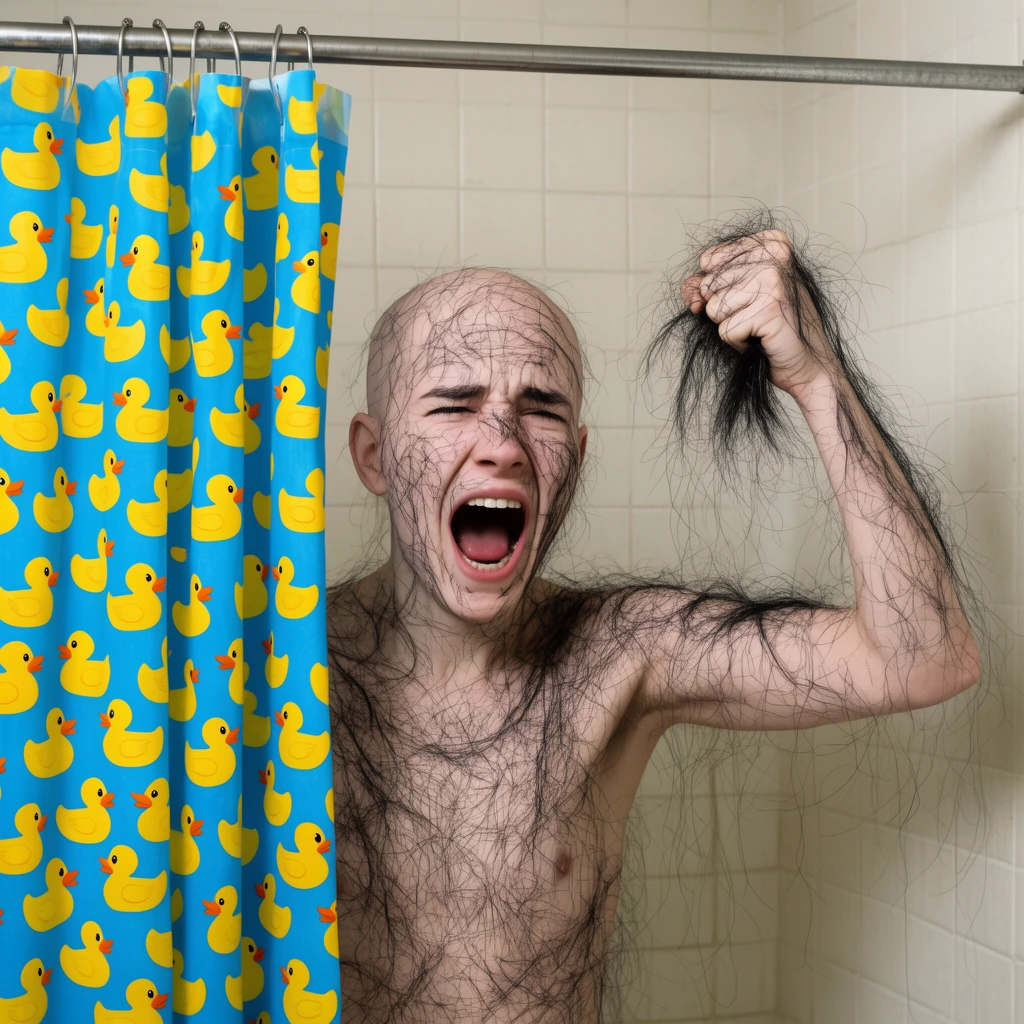 A screaming bald figure stands in a tiled shower holding a clenched fist full of loose black hair. Dark, erratic lines resembling shed hair cover their pale face, torso, and raised arm. A vibrant blue shower curtain patterned with yellow rubber ducks hangs partially open on the left. The background features off-white square wall tiles and a metallic shower rod. The surreal composition juxtaposes the distressed, hair-covered figure against the bright, cheerful curtain.