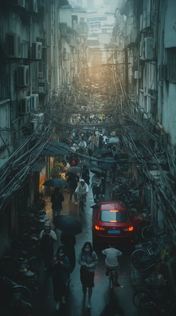 A high-angle view of a congested urban alleyway filled with pedestrians beneath a dense canopy of power lines. Worn buildings covered in air conditioning units and exterior pipes flank the damp street. People holding black umbrellas walk or ride bicycles near a red car with glowing taillights. Parked bicycles line the narrow edges. The cinematic composition uses a cool teal color grade contrasting with a hazy warm glow at the distant end, emphasizing the chaotic and dense environment.