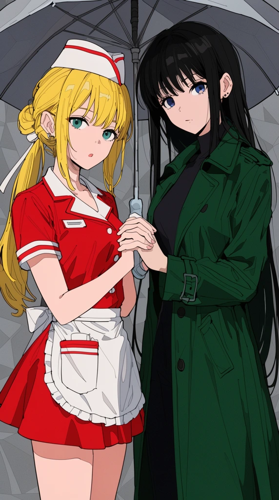 two anime women holding hands over an umbrella handle, blonde in red diner uniform on left, black-haired woman in green trench coat on right, grey geometric background, flat cel shading