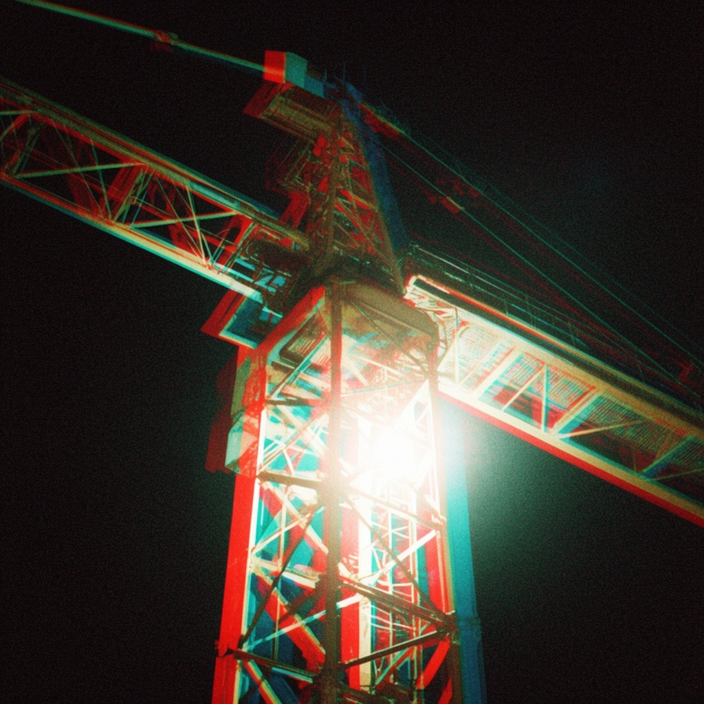 low angle view of an industrial tower crane at night, heavy anaglyph 3D effect, prominent red and cyan chromatic aberration, intense glaring light bloom on steel lattice framework, stark black sky background, heavy film grain, glitch art aesthetic, stereoscopic color offset