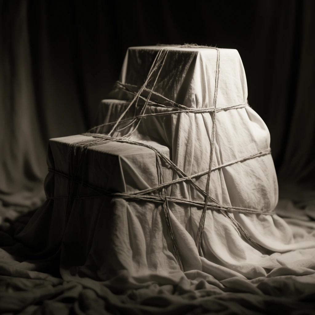 A geometric stepped form fully concealed beneath pale draped fabric, tightly bound by crisscrossing twine. Dramatic upper-right chiaroscuro lighting highlights taut wrinkles and deep shadowy folds pooling at the base. Out-of-focus dark drapery surrounds the central subject in this high-contrast, sepia-toned monochromatic photograph.