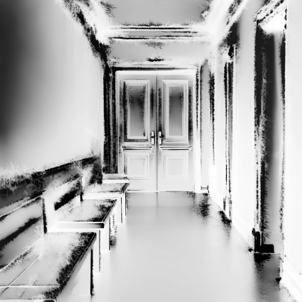 An empty hallway leading to double doors at the far end with a row of benches lining the left wall, rendered in a high-contrast, solarized monochrome photographic style. The environment exhibits the stark, inverted tonal range of a photographic negative, built upon a luminous white base accented with deep, solid blacks. The structural perspective lines of the corridor, the paneling of the double doors, and the planar surfaces of the benches are defined by rough, jagged, frayed-edge textures resembling coarse charcoal smudging and frost-like crystallizations. A central vanishing point anchors the composition, emphasizing the interplay between the glowing, smooth white surfaces and the aggressive, textured black edging outlining the architectural contours. The visual treatment mimics high-key infrared photography and darkroom exposure manipulation, resulting in a heavily graphic, greyscale atmosphere with intensely sharp contrast boundaries.