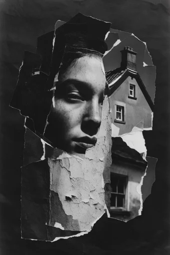 Fragmented Monochrome Collage style reference image — distressed film texture