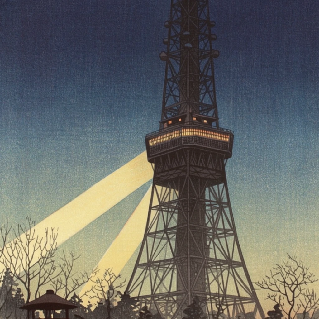 vintage Japanese woodblock print of an illuminated steel lattice tower at twilight, glowing mid-level observation deck, strong diagonal searchlight beam cutting through a deep indigo to pale yellow gradient sky, dark foreground silhouettes of bare winter trees and a small pavilion roof, muted atmospheric color palette, textured paper grain