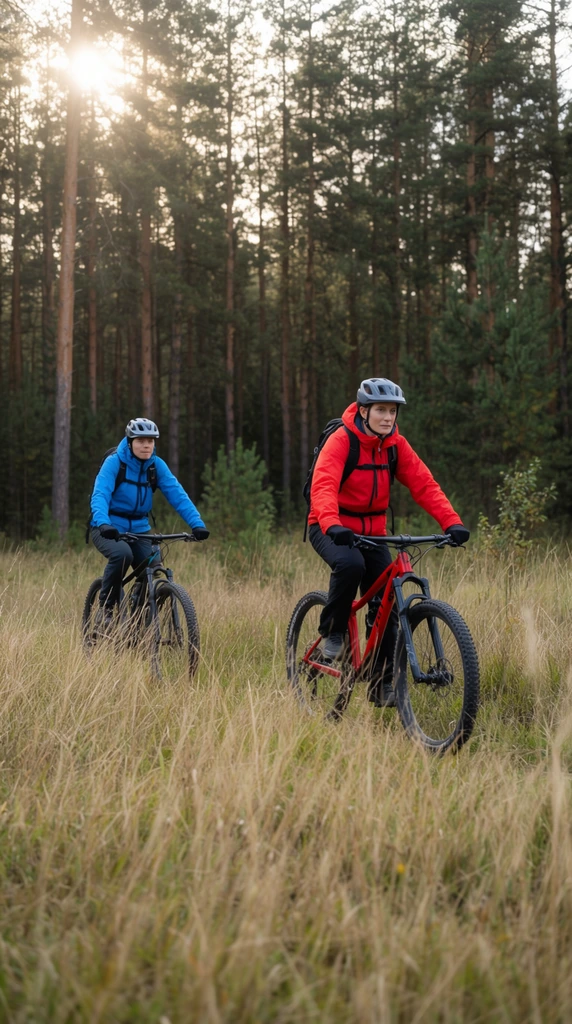 Two people mountain biking through a grassy clearing towards a dense pine forest. The person in the foreground wears a bright red jacket, black pants, and a grey helmet, riding a red mountain bike. The person slightly behind wears a bright blue jacket and dark pants, riding a dark mountain bike. Sun glare is visible in the upper left corner, shining through the tall trees. Tall, dry grass is prominent in the foreground. The lighting is natural and slightly diffused, typical of late afternoon or early morning.