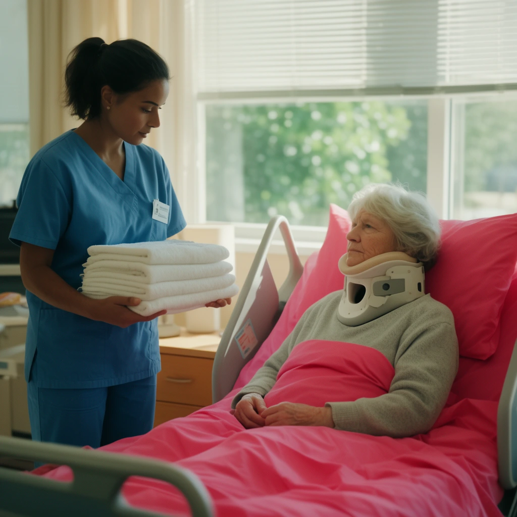 female orderly in blue scrubs, holding a stack of white towels, looking down at an elderly female patient in a bright pink bed, patient wearing a bulky neck brace, sunlit recovery room, window with drawn blinds in background, wooden nightstand, modern hospital bed frame, bright natural lighting, soft focus, contemporary clinical aesthetic, mid-shot, cinematic framing