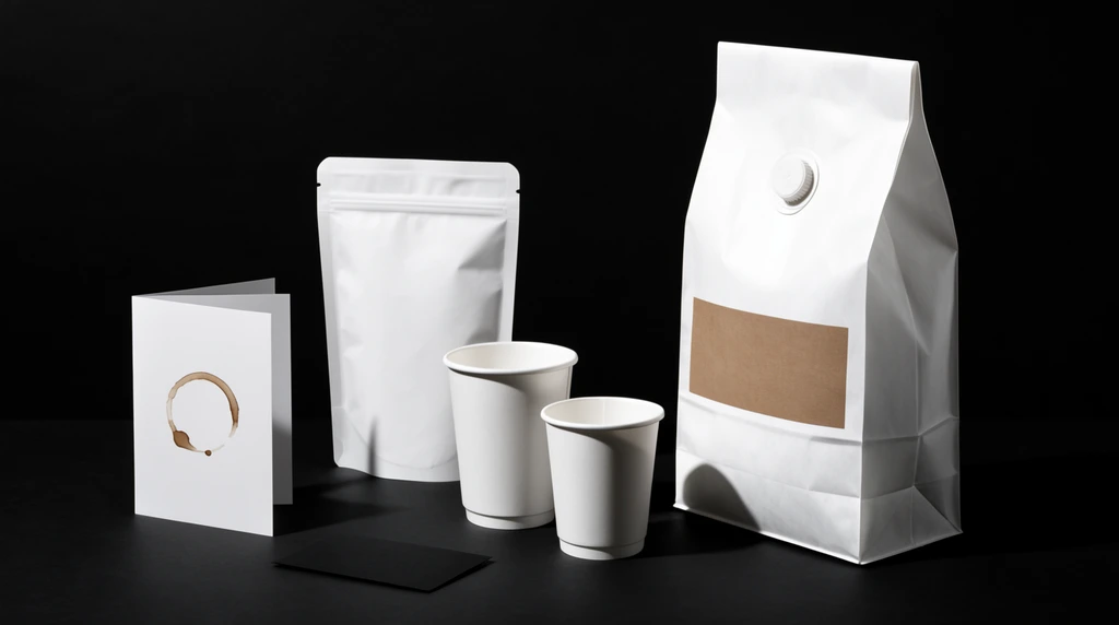 minimalist product photography of white paper packaging arranged against a stark black background, standing folded paper brochure with a round brown coffee ring stain, medium white stand-up pouch, two white disposable paper cups of different heights, large filled white paper bag with a round degassing valve and a horizontal brown label, small black card resting flat in the foreground, high contrast studio lighting, stark shadows, sleek modern aesthetic, sharp focus, monochrome palette with subtle brown accents
