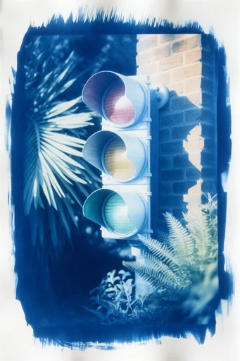 Ethereal Cyanotype Botanical style reference image — Prussian blue monochrome
