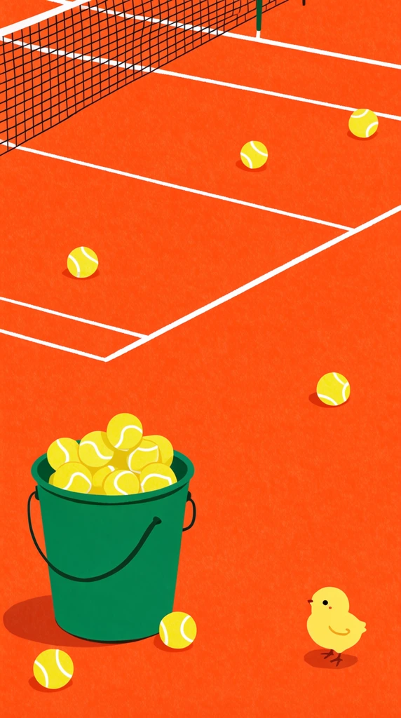 Minimalist high-angle illustration of a textured orange tennis court with white lines and a partial net. A green bucket overflows with yellow tennis balls. Stray balls scatter the surface. A tiny yellow chick stands in the lower right corner.