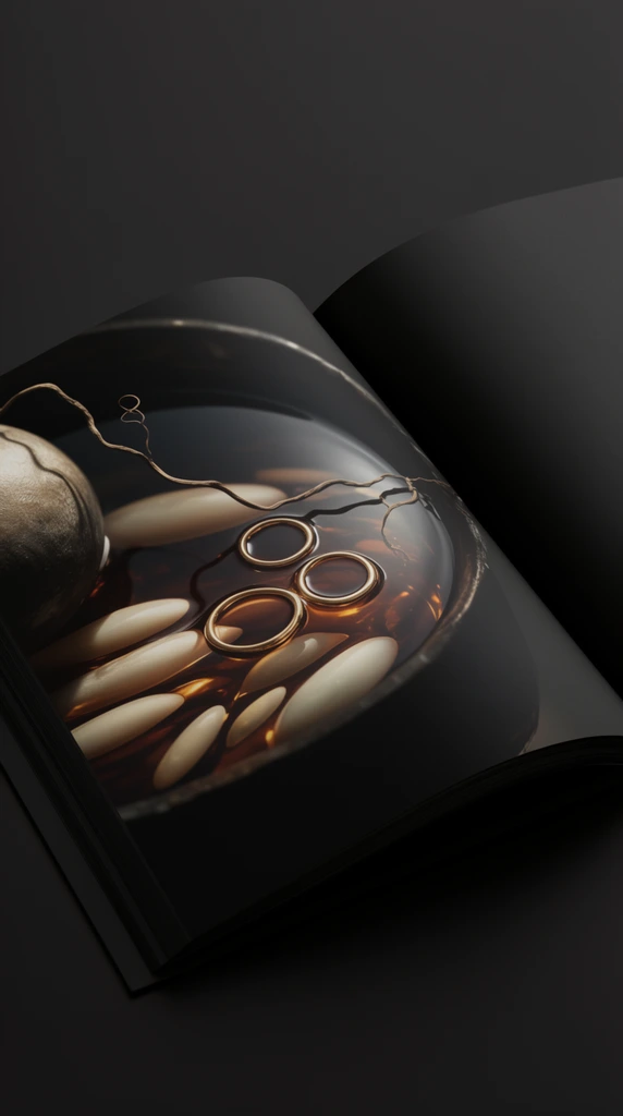 An open book with matte black pages lies flat against a seamless dark background. The left page displays a moody macro photograph of pale, elongated oval shapes submerged in a dark, translucent amber liquid. Perfectly circular golden rings float on the surface, catching luminous reflections. A slender, twisting dried vine arcs across the shadowy vessel, while a textured, softly lit spherical object emerges from the left edge. The right page presents a smooth, solid expanse of deep black. High-contrast lighting and a shallow depth of field emphasize the elegant, minimalist composition.