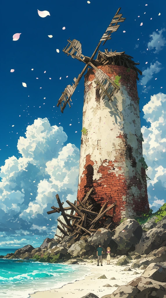 tall decaying white plaster and red brick tower on a rocky coastline, broken wooden windmill blades at the peak, shattered timber at the base, tiny figures standing on white sand near turquoise ocean waves, bright azure sky with massive fluffy clouds, floating white petals, picturesque anime-style illustration, vibrant cel-shaded colors, low-angle perspective, detailed animated background art