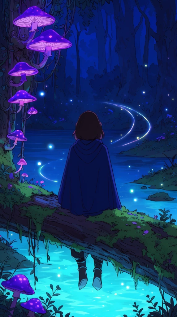A 2D digital illustration of a figure viewed from behind, sitting on a mossy fallen tree trunk over glowing cyan water. The character wears a dark blue hooded cloak. They are in an enchanted night forest where glowing fireflies leave swooping light trails. Hanging vines on the left bear vibrant purple bioluminescent mushrooms. The background reveals deep blue tree silhouettes and a dark lake. The artwork features crisp line art and a neon palette of cyan, deep blue, and magenta, establishing a tranquil, ethereal mood.