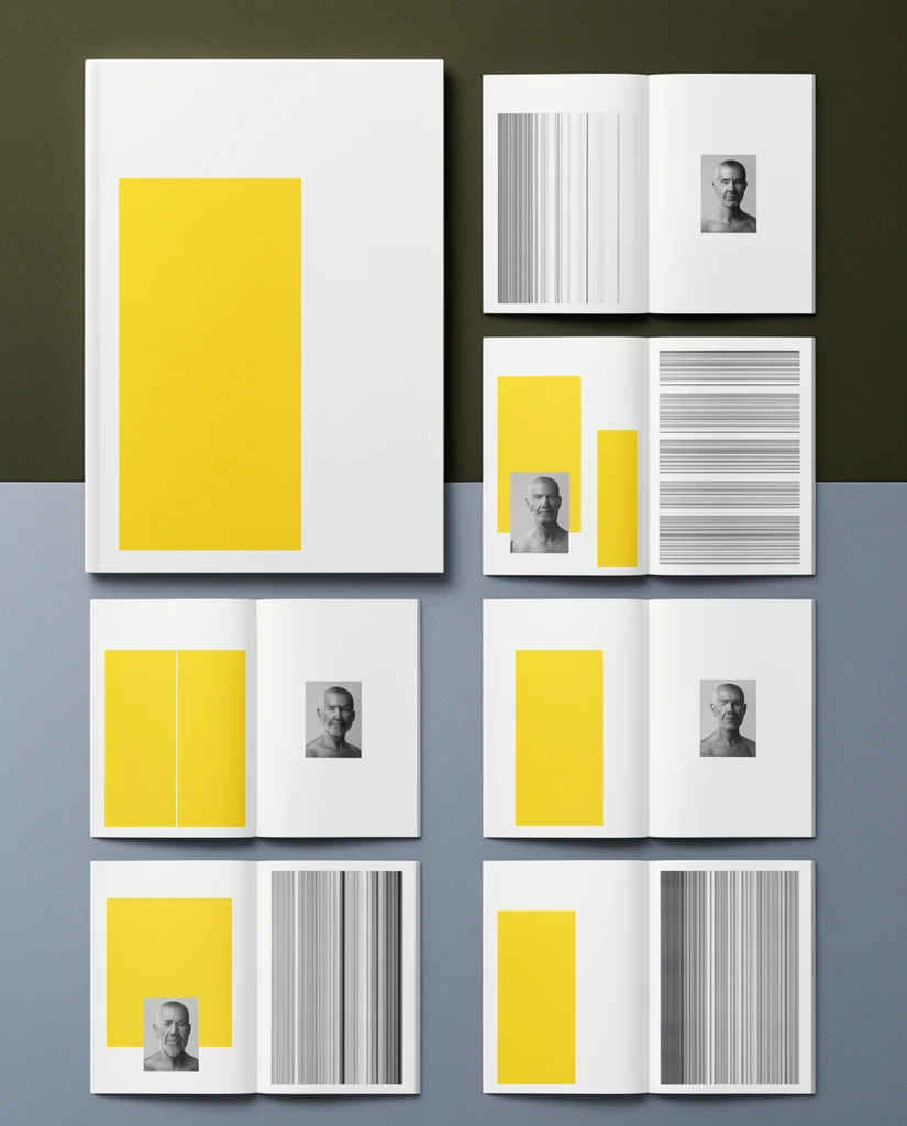 A minimalist editorial mockup presents a large document cover beside a structured grid of open spreads. The stark white layouts integrate bold yellow geometric blocks, small grayscale portraits, and dense linear graphic patterns. Soft drop shadows elevate the crisp pages above a split dark olive and cool grey flat lay surface under diffuse studio lighting.