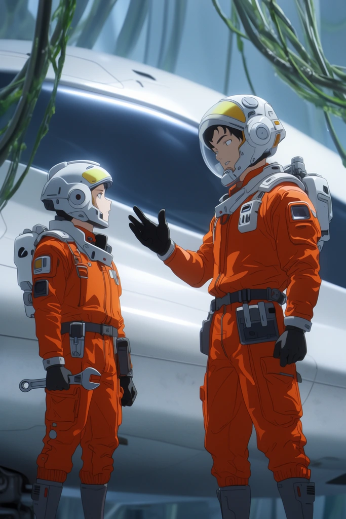 Two sci-fi mechanics in bright orange jumpsuits stand near a smooth white spaceship hull. The taller mechanic raises a hand, gesturing toward the shorter one holding a wrench. Vine-like cables drape from above. Rendered in a clean, cool-toned cinematic anime style with soft lighting.