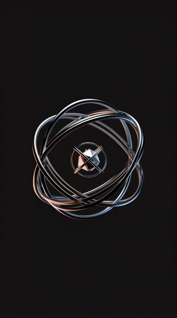 Multiple intertwining metallic rings form a spherical cage around a small geometric core against a solid black background. The reflective chrome bands catch subtle warm orange and cool blue highlights in a centered, minimalist 3D rendering.