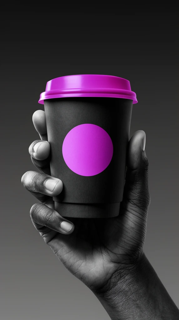 Monochrome hand grasping a black disposable coffee cup, striking magenta lid, magenta circular graphic on cup center, stark selective color effect, detailed skin texture, smooth dark grey radial gradient background, high contrast studio lighting, minimalist product photography