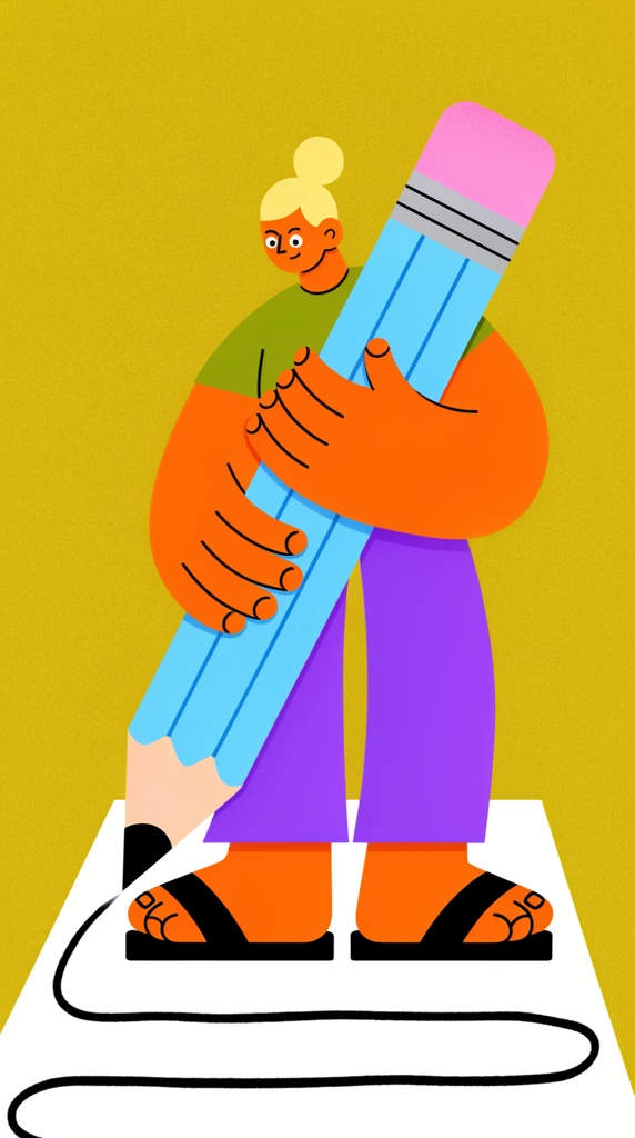 stylized editorial illustration, oversized person with exaggerated hands and orange skin, blonde bun, purple pants, black sandals, hugging a giant light blue pencil, drawing thick black lines on white paper, flat vector art, stippled grain texture, mustard yellow background
