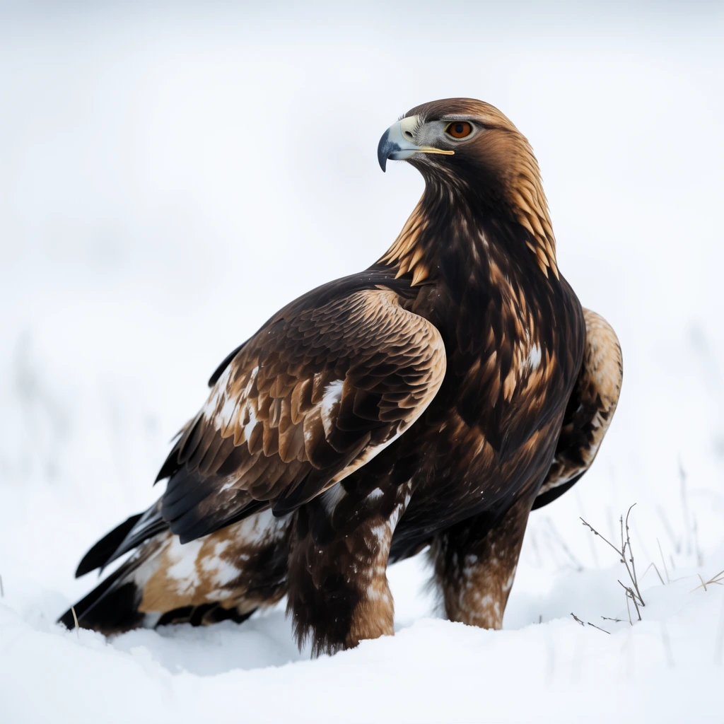 A golden eagle stands upright in deep snow. The raptor features dark brown plumage, golden nape feathers, a sharp black-tipped beak, amber eyes, and white mottling on its underbelly and tail. Sparse dead grass stems pierce the snowpack around its talons. Shot with a telephoto lens, a shallow depth of field blurs the background into a smooth white void. Soft diffuse lighting emphasizes crisp feather details against the high-key minimalist winter environment.