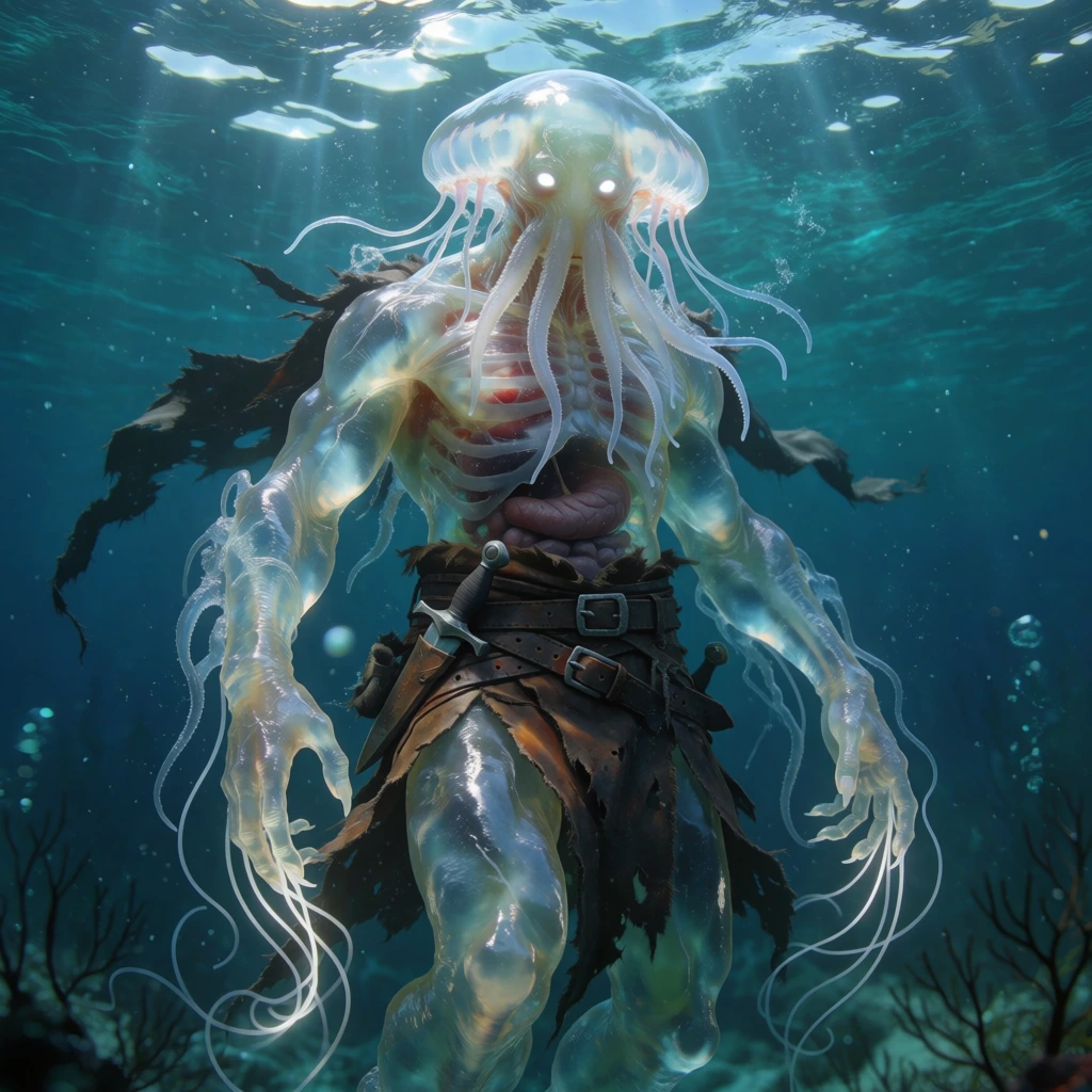 A translucent humanoid creature with jellyfish-like features floats within a deep blue underwater environment. The central figure is a muscular humanoid composed of a clear, gelatinous substance, with a smooth, transparent dome for a head featuring two glowing white eyes and a mass of thin, white tentacles draping from its lower face. Its torso reveals faint, fleshy internal organs and bone-like structures beneath its watery skin, while tattered, dark brown leather loincloths and belts with metal buckles wrap around its waist. A small dagger hilt is tucked into one of the belts. Long, glowing white filaments trail from its elongated fingers, swirling downward through the water, as dark, ragged fabric pieces float behind its shoulders. The entire scene is set underwater, with the light-dappled surface visible at the top, casting caustic light patterns across the creature's body. The background consists of deep teal and turquoise water filled with tiny floating particles, while the bottom of the frame shows the dark, spindly silhouettes of coral or seaweed on the seabed. This fantasy digital illustration utilizes a vertical composition and top-down lighting to simulate sunlight penetrating the water's surface, creating a high-contrast play of light on the figure's translucent form. The color palette is dominated by cool blue and green tones, accented by the warm browns of the leather and the brilliant white of the glowing eyes and trailing filaments.