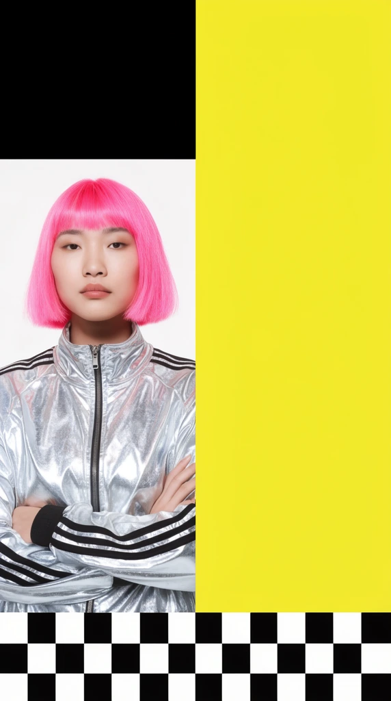 A bold split-screen layout pairs a photographic portrait with a solid lemon-yellow right half. On the left, a young Asian woman with a neon pink bob and a metallic silver track jacket stands with arms crossed against a stark white backdrop. High-key studio lighting creates a crisp commercial aesthetic. A solid black square anchors the top left corner, while a contrasting black and white geometric checkerboard pattern lines the bottom edge.