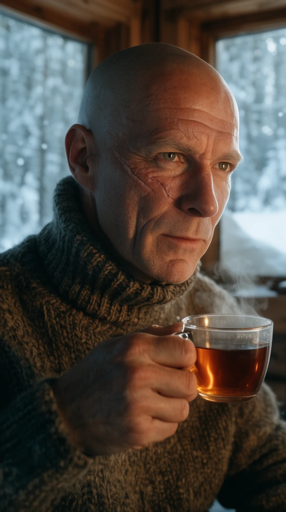 close-up shot of a bald clean-shaven older man with a facial scar, wearing a heavy wool turtleneck sweater, holding a steaming cup of tea, bright snowy cabin interior, warm firelight illuminating his face, cinematic framing, sharp focus, high contrast, cozy atmosphere