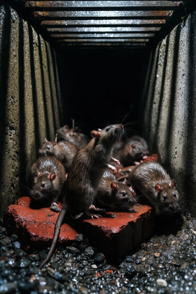 swarm of brown rats in a dark wet storm drain, one rat standing on hind legs reaching up, others crawling over broken red bricks and damp gravel, glistening fur, heavy concrete walls, dramatic high contrast lighting from a street grate above, stark vertical shadow stripes, gritty urban wildlife photography, close up