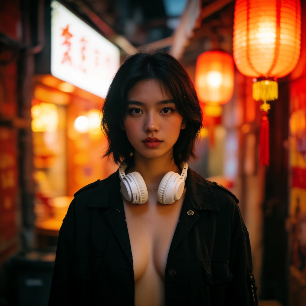 A young woman with short dark hair wears an open black jacket and white headphones around her neck in a narrow alley. The cinematic portrait uses a shallow depth of field to blur the glowing red and orange lanterns and bright illuminated signs in the warm, moody background.