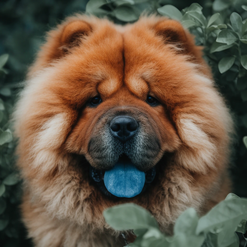 Close-up portrait of a fluffy reddish-brown Chow Chow dog, dark eyes and black nose, distinctive blue tongue, framed by out-of-focus green leaves, shallow depth of field, soft natural lighting, muted tones
