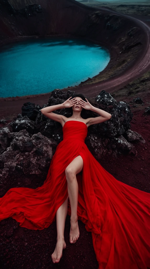 A woman in a flowing, vivid red strapless gown lies barefoot on dark, textured volcanic rocks beside a striking cyan crater lake. She rests on her back, raising both hands with fingers splayed over her eyes. A high slit reveals her extended legs, while matching red fabric pools dramatically across the deep reddish-brown earth. The background features steep crater walls surrounding the deep teal circular water and a curving dirt path. Captured from a high-angle perspective, the high-fashion composition highlights extreme color contrast between the crimson fabric, vivid blue water, and moody, dark landscape.