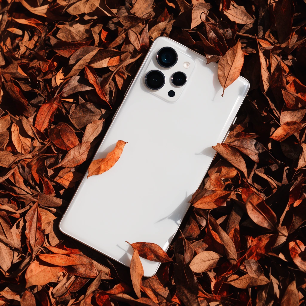 sleek white modern smartphone with a glossy back, three prominent circular camera lenses in a corner module, resting diagonally on a dense bed of dry brown and rust-colored autumn leaves, small withered leaves lightly overlapping the pristine white device, top-down flat lay perspective, harsh direct sunlight, stark deep shadows, warm earthy color palette contrasting with stark white technology, crisp organic textures against a smooth manufactured surface, high-contrast photography