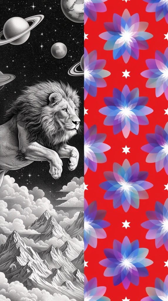 A split composition juxtaposing a monochrome stippled illustration and a vibrant geometric pattern. The left features a male lion leaping through a surreal spacescape of mountain peaks, dotted clouds, ringed planets, and stars rendered in intricate black-and-white dot shading. The right displays a repeating motif on a solid red background, covered in translucent overlapping floral bursts in blue, purple, and white gradients interspersed with crisp white stars.