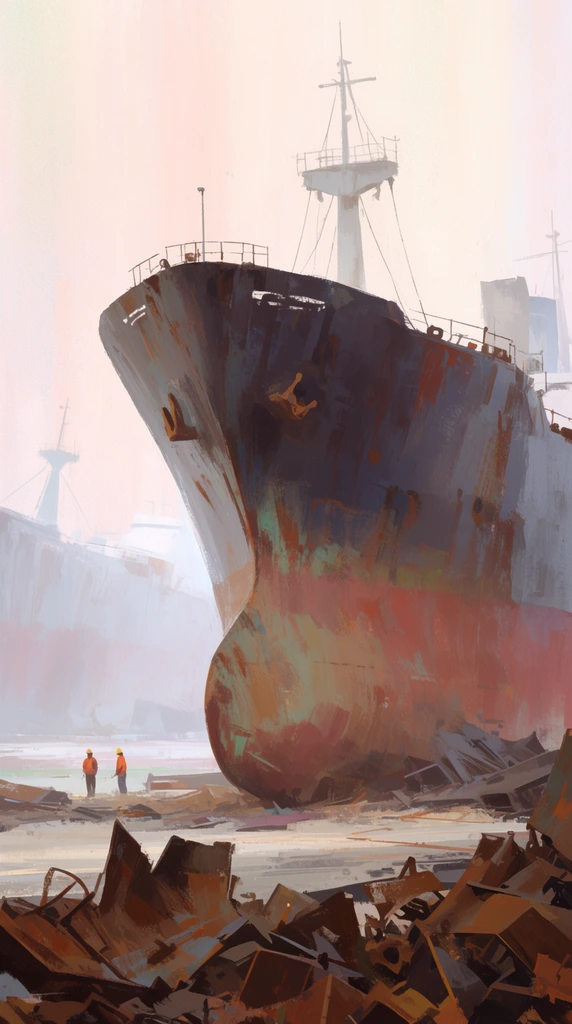 A colossal, rusted cargo ship rests tilted on a hazy shoreline, towering over two tiny workers amidst a desolate ship graveyard. Jagged metal scrap fills the foreground while another massive vessel fades into the misty pale sky, rendered as an expressive digital painting with loose brushstrokes and muted pastel tones.