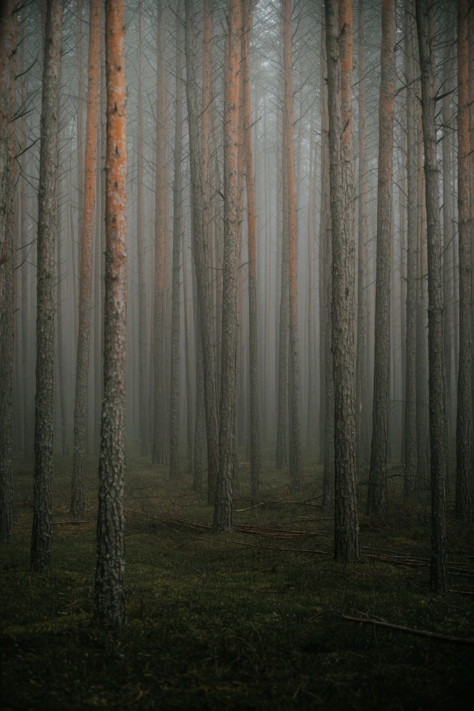 Dense misty pine forest, tall rough trunks with orange bark patches, dark mossy ground, scattered twigs, thick fog obscuring distant trees, moody landscape photography, soft diffused lighting, muted earthy tones