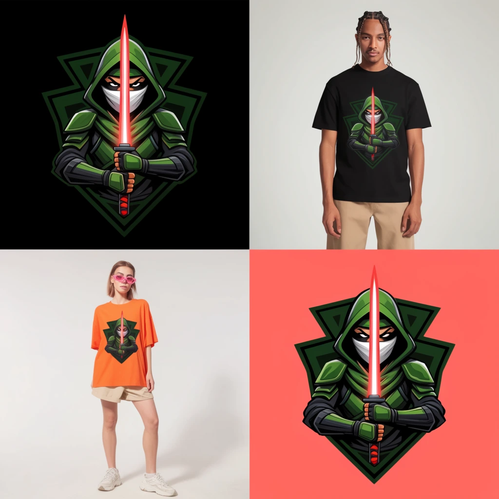 A four-panel layout presenting an apparel graphic of a stylized vector ninja. The hooded character wears green and black armor, a white mask, and grips a glowing red vertical energy sword within a dark green geometric shield crest. Two panels display this standalone mascot illustration on solid black and coral backgrounds. The remaining quadrants feature fashion models wearing the printed design: a man with braided hair in a black t-shirt and tan trousers, and a model in an oversized orange t-shirt, pink sunglasses, beige shorts, and white sneakers, both posed against bright studio backdrops.