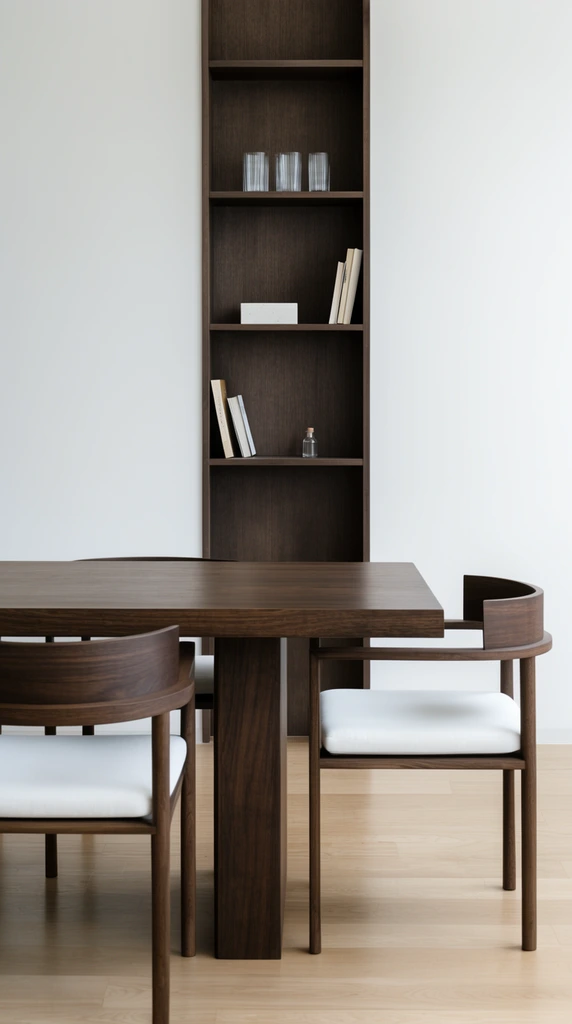 A minimalist dining space centered on a thick dark wood rectangular table and matching chairs with curved backrests and crisp white seat cushions. Behind the furniture, a narrow dark brown wooden shelving unit is recessed into a stark white wall. The vertical shelves sparsely display clear fluted glasses, a few standing books, a white block, and a tiny glass bottle. Soft, diffused natural light illuminates the light hardwood floor, highlighting the clean geometric lines, high-contrast earth tones, and serene modern composition.
