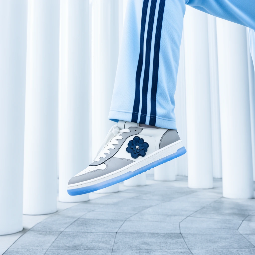 A raised foot wearing a low-top sneaker and light blue track pants with double navy side stripes. The sneaker features a white and grey leather upper, a dark blue flower applique, and a translucent blue outsole. The leg is suspended against a backdrop of smooth white cylindrical pillars forming a minimalist colonnade on a grey tiled floor. High-key lighting creates a cool-toned palette of crisp whites, greys, and icy blues.