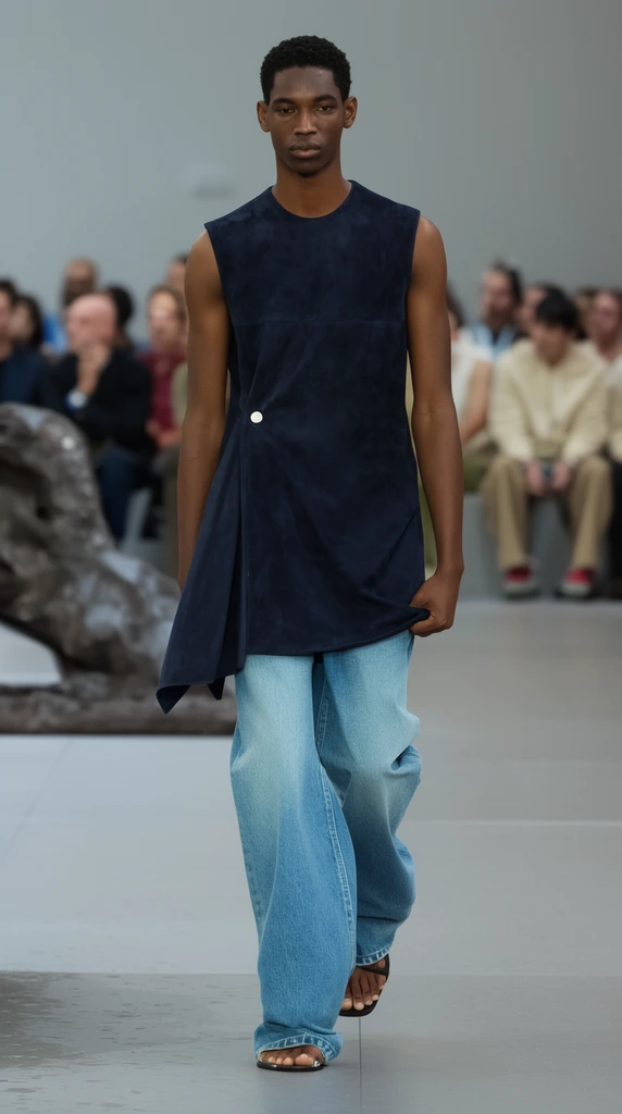 full-body shot of a Black male fashion model walking a light grey runway, dark navy blue sleeveless suede tunic featuring an asymmetrical draped side flap and silver button, baggy light wash blue denim jeans, open-toe sandals, left hand lightly gripping the tunic hem, blurred seated audience in the background, dark abstract sculpture, shallow depth of field, bright even runway lighting