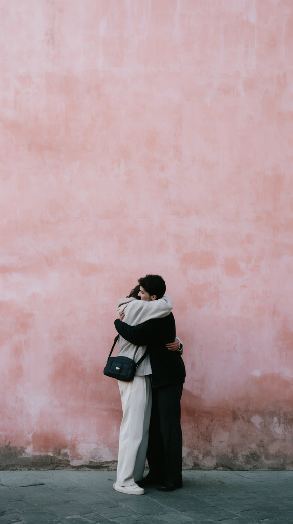 two figures embracing, massive faded pink terracotta wall, cinematic wide shot, vast negative space, black crossbody bag, minimalist composition, weathered stucco, muted pastel palette, soft natural light
