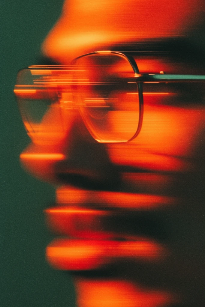An abstract profile portrait of a figure wearing wire glasses is heavily distorted by horizontal motion blur. Intense orange and red light forms the fragmented face against a dark, grainy green background. Glowing streaks stretch across the frame, merging vintage film textures with high-contrast illumination.