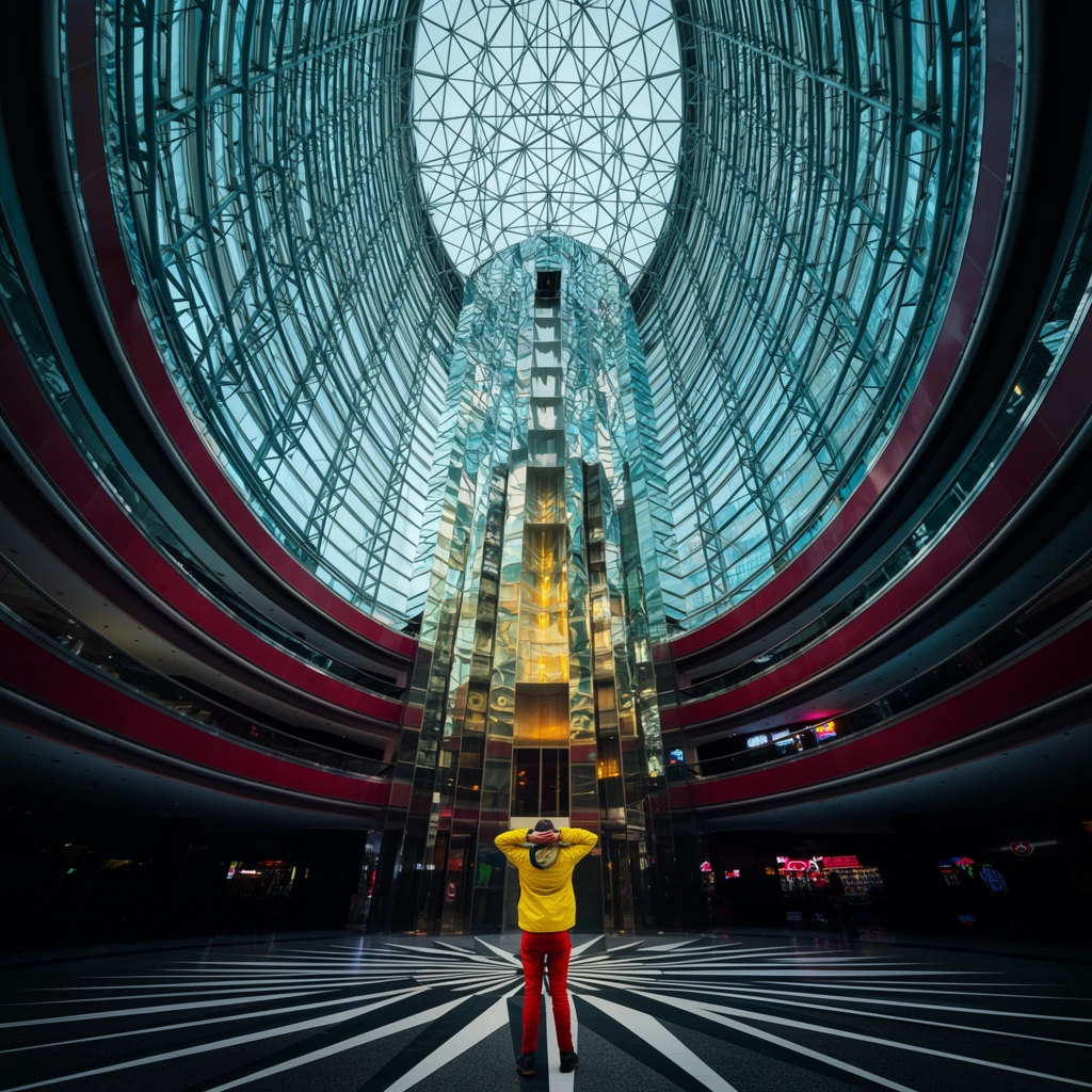 A lone figure in a bright yellow jacket and red pants stands on a black-and-white starburst floor, gazing upward with hands clasped behind their head at a colossal, symmetrical glass and steel atrium. Tiered, curving balconies with deep red railings enclose a massive cylindrical interior reaching a geometric skylight. A reflective, multifaceted central elevator shaft dominates the towering space. Captured from a dramatic low-angle ultra-wide perspective, the composition highlights immense architectural scale. Dark ground-level shadows with glowing neon storefronts contrast against cool teal daylight and warm yellow illumination bouncing off the central glass column.