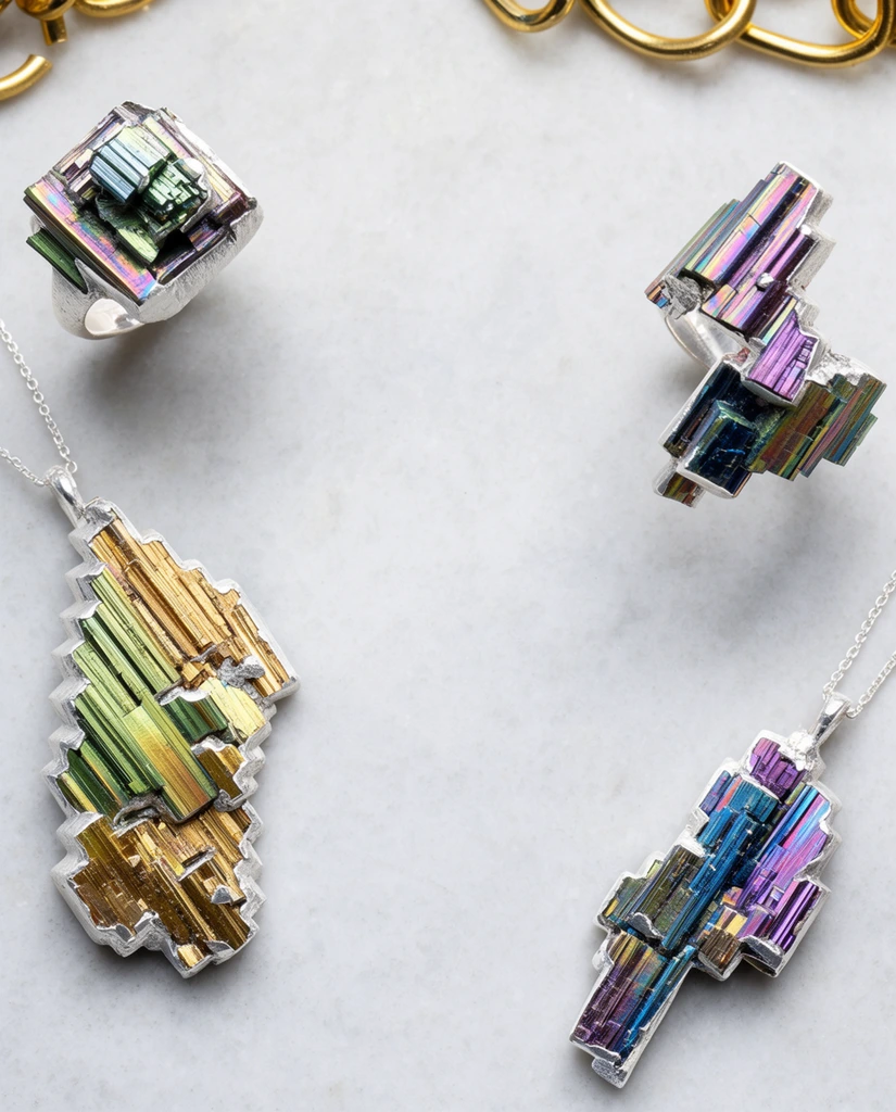 Iridescent crystalline jewelry arranged in a flat lay on a light gray, subtly textured marble surface. Four silver pieces feature prominent stair-step geometric crystals in metallic shades of gold, green, blue, and purple. A jagged pendant on a fine chain and a square-cut crystal ring sit on the left, mirrored by an angular crystal ring and a second pendant on the right. Fragments of gold chain links appear along the top edge. Bright, even lighting casts soft shadows, highlighting the metallic sheen of the complex formations against a wide central negative space.