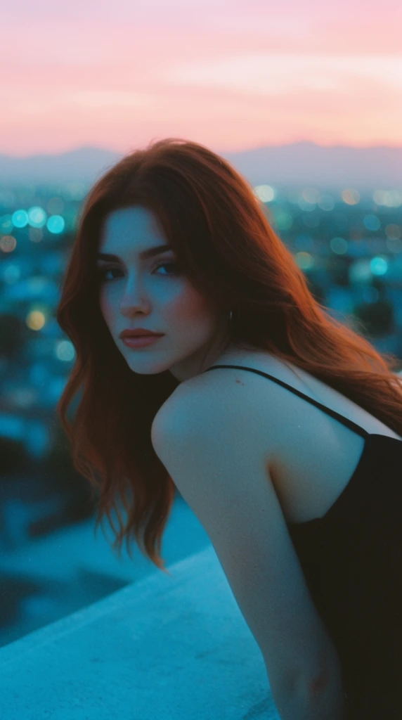 A young woman with long auburn hair leans forward in a medium close-up portrait against a twilight cityscape. Wearing a black spaghetti-strap top, she angles her bare shoulders toward the lens with a calm expression. Cool blue light bathes her skin and the foreground ledge. A shallow depth of field blurs the background city into glowing cyan and gold bokeh beneath a pastel pink and orange sunset sky over distant mountains. The photograph features a cinematic teal and pastel color grading with a subtle film grain texture.