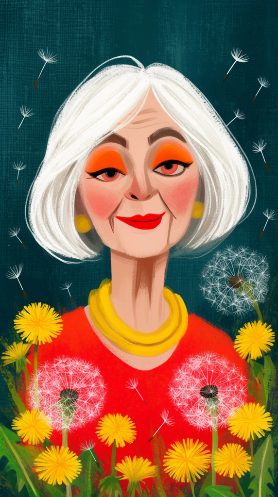 stylized older woman with white bob, vivid orange eyeshadow, red lips, yellow necklace, bright red top, surrounded by yellow dandelions and white seed heads, floating dandelion seeds, dark teal textured canvas background, whimsical digital painting