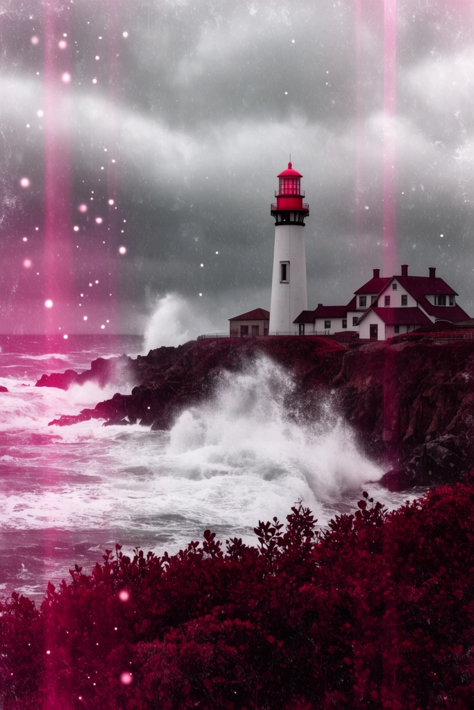 A tall white lighthouse with a vivid red lantern room and attached keeper's house stands on a rocky cliff as violent ocean waves crash below. Dark crimson bushes fill the foreground beneath a stormy, overcast grey sky. The atmospheric seascape features dramatic magenta color grading, distressed film textures, vertical pink light leaks, and scattered glowing white particles.