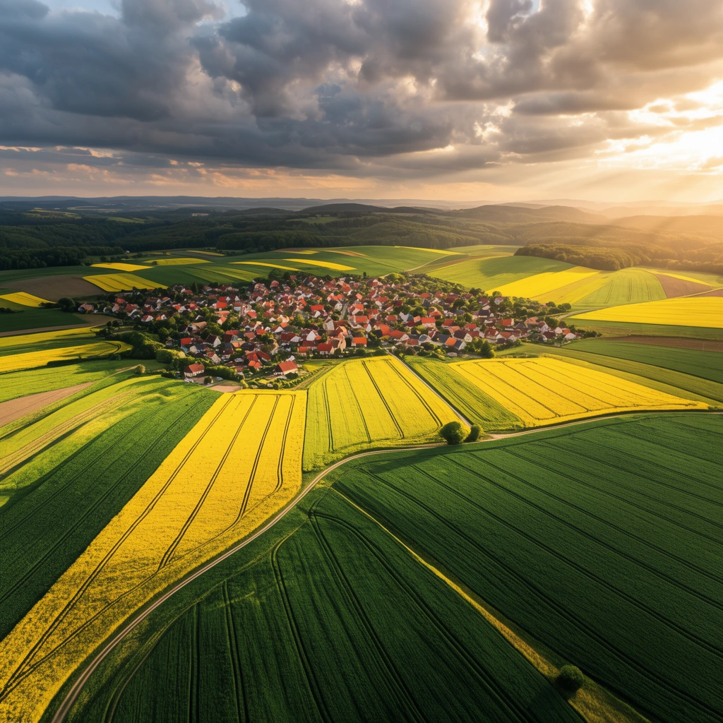An aerial photograph of a rural village nestled in a patchwork of vibrant agricultural fields. The dense cluster of red-roofed houses is surrounded by geometric plots of bright yellow and deep green crops marked with tractor lines. A winding dirt path traces the foreground. Distant forested hills roll beneath a dramatic, cloud-heavy sky. Golden hour sunlight breaks through the right side, casting luminous rays and long shadows across the undulating, textured farmland.