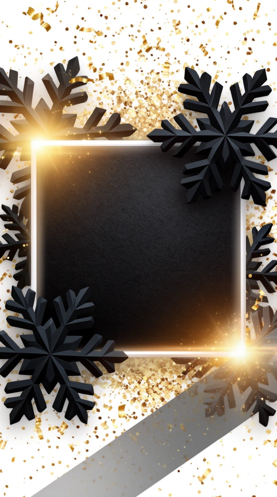 A high-contrast graphic composition centered on a dark, textured square panel framed by a glowing white border. Large, faceted black snowflakes with a matte 3D finish interlock with the central square, emerging from both foreground and background to create depth. Radiant golden lens flares illuminate the top left and bottom right corners of the frame. The pristine white background is heavily scattered with shimmering gold confetti and metallic flecks of varying sizes. A semi-transparent diagonal gray sash cuts across the lower right quadrant, completing the luxurious blend of matte black elements and sparkling golden accents.