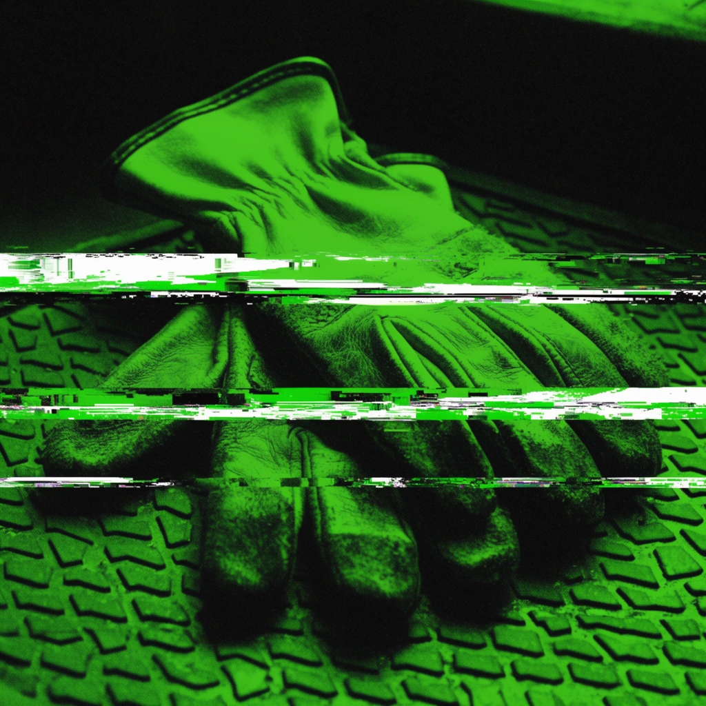A pair of leather work gloves resting on a textured rubber mat, rendered in an extreme high-contrast duotone palette of stark black and acid green. The worn textures of the leather and the geometric raised bumps of the rubber mat are highlighted in bright neon green against deep, dense black shadows that consume the background entirely. Severe digital glitch artifacts fracture the composition, severing the image into thick horizontal bands that are displaced laterally. Bright white and vibrant green digital tearing, pixelated shifts, and corrupted scanlines border these horizontal fractures. The overall aesthetic is heavily degraded with data moshing, thick digital grain, and severe tracking errors, forcing the entire scene into a synthetic, corrupted monochromatic color space.