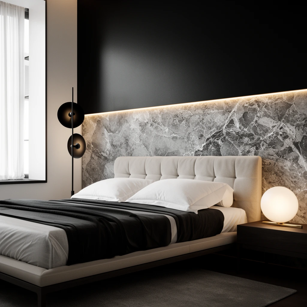 A modern luxury bedroom centers on a low-profile bed with a tufted light beige headboard, crisp white pillows, and a dark charcoal throw. The bed sits against a dramatic horizontally split feature wall, showcasing heavily veined grey marble below a flat matte black upper section, divided by a glowing strip of warm linear cove lighting. A tall black floor lamp with dual disc-shaped shades stands to the left near a recessed window draped in sheer white curtains. On the right, a glowing frosted glass orb lamp with a brass base rests on a dark wood nightstand. The photorealistic architectural rendering features a shallow depth of field, a high-contrast monochromatic palette, and soft, warm ambient lighting.